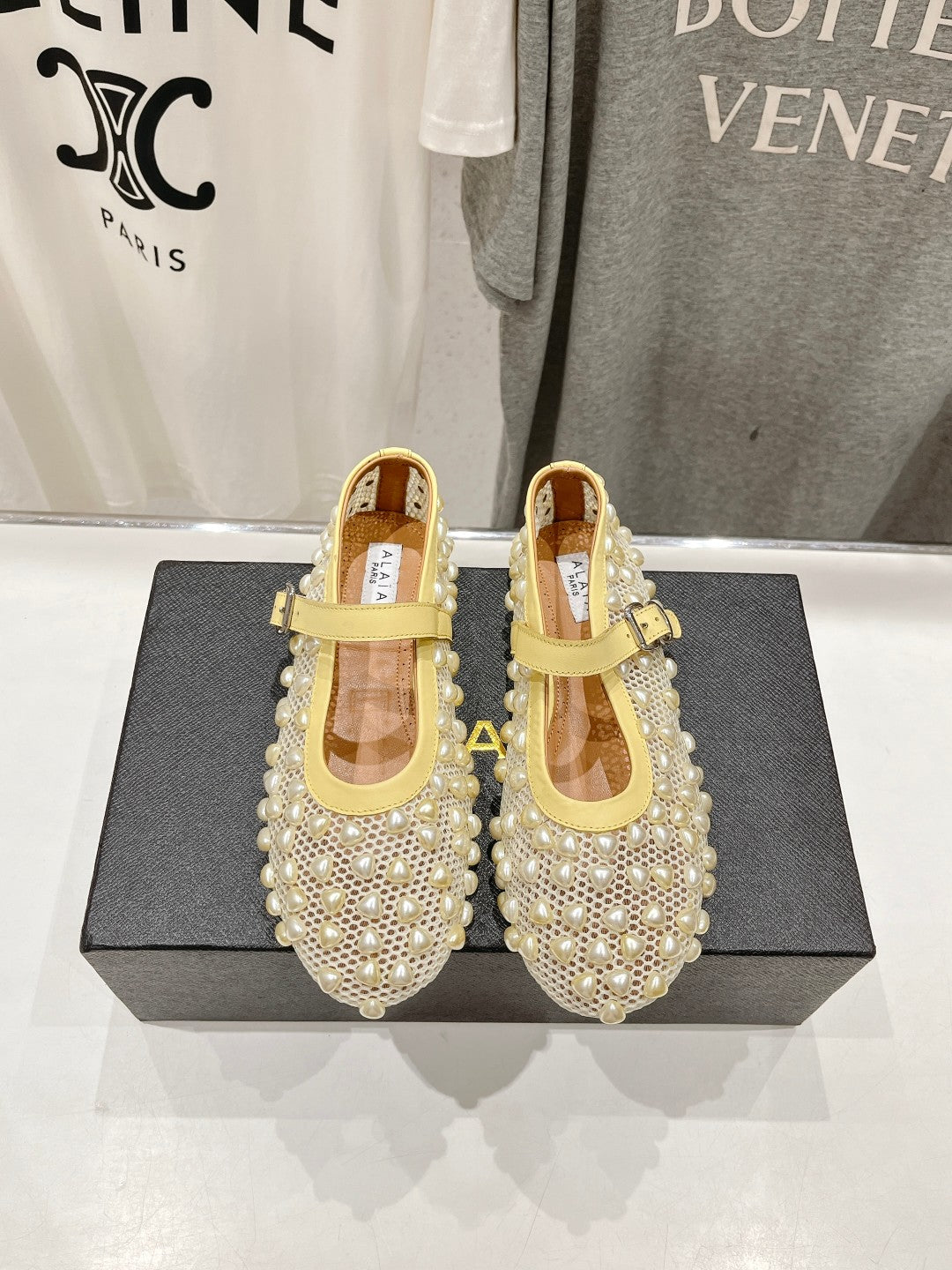 ALAIA PEARL MARY JANE SHOES IN LIGHT YELLOW MESH AND CALFSKIN - 35