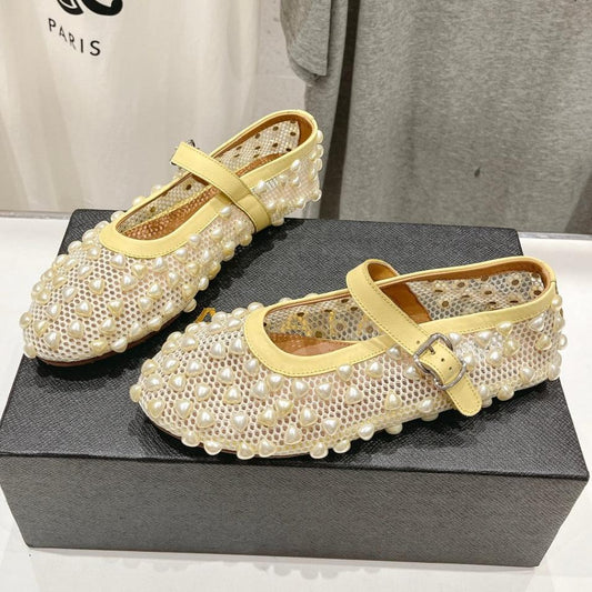ALAIA PEARL MARY JANE SHOES IN LIGHT YELLOW MESH AND CALFSKIN - 35