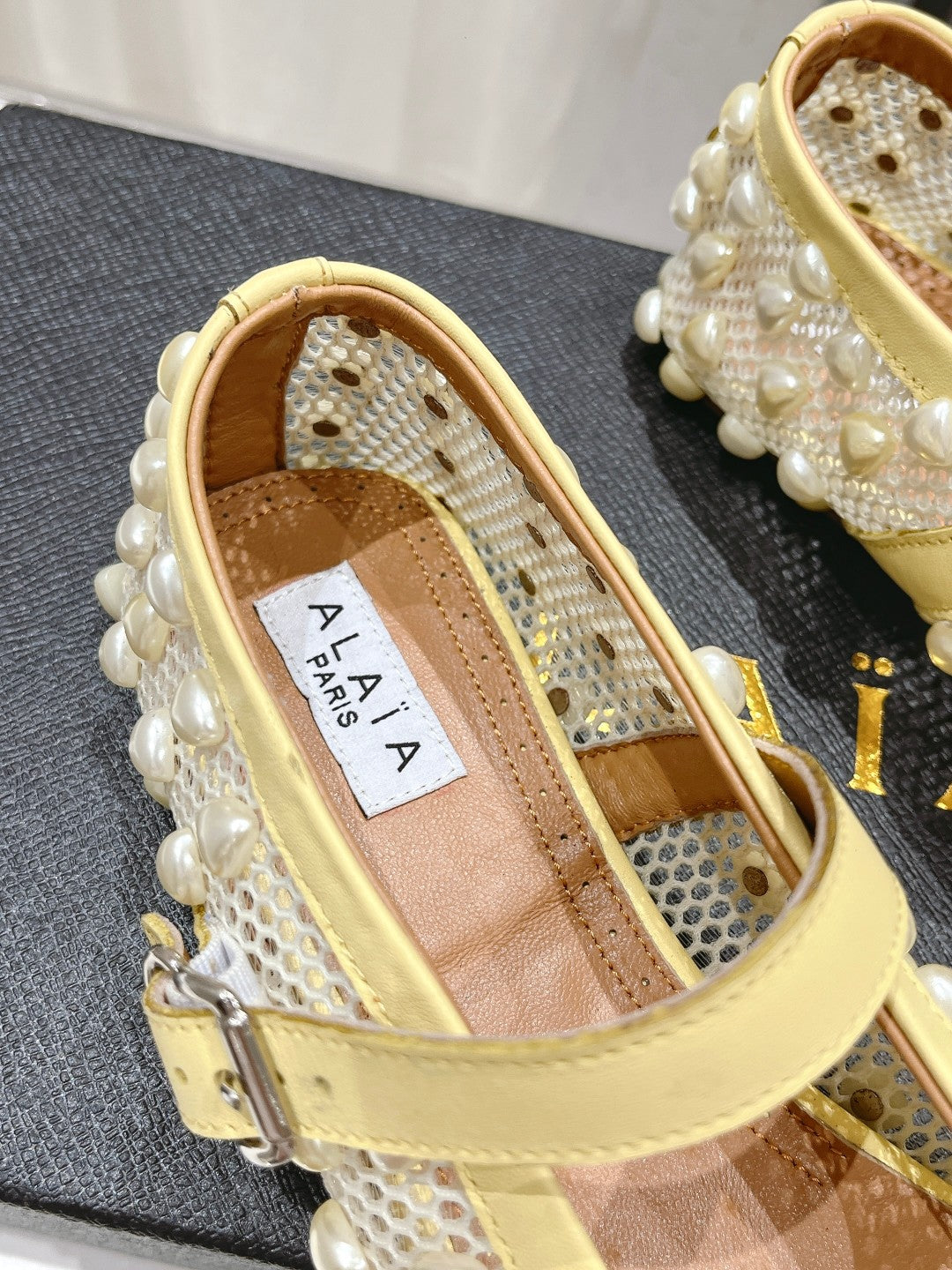 ALAIA PEARL MARY JANE SHOES IN LIGHT YELLOW MESH AND CALFSKIN - 35