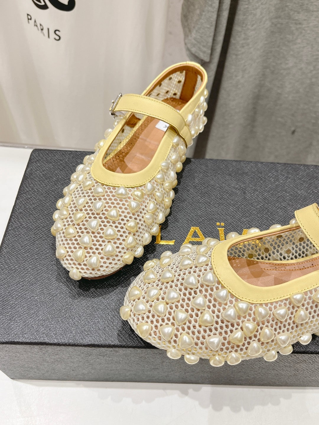 ALAIA PEARL MARY JANE SHOES IN LIGHT YELLOW MESH AND CALFSKIN - 35
