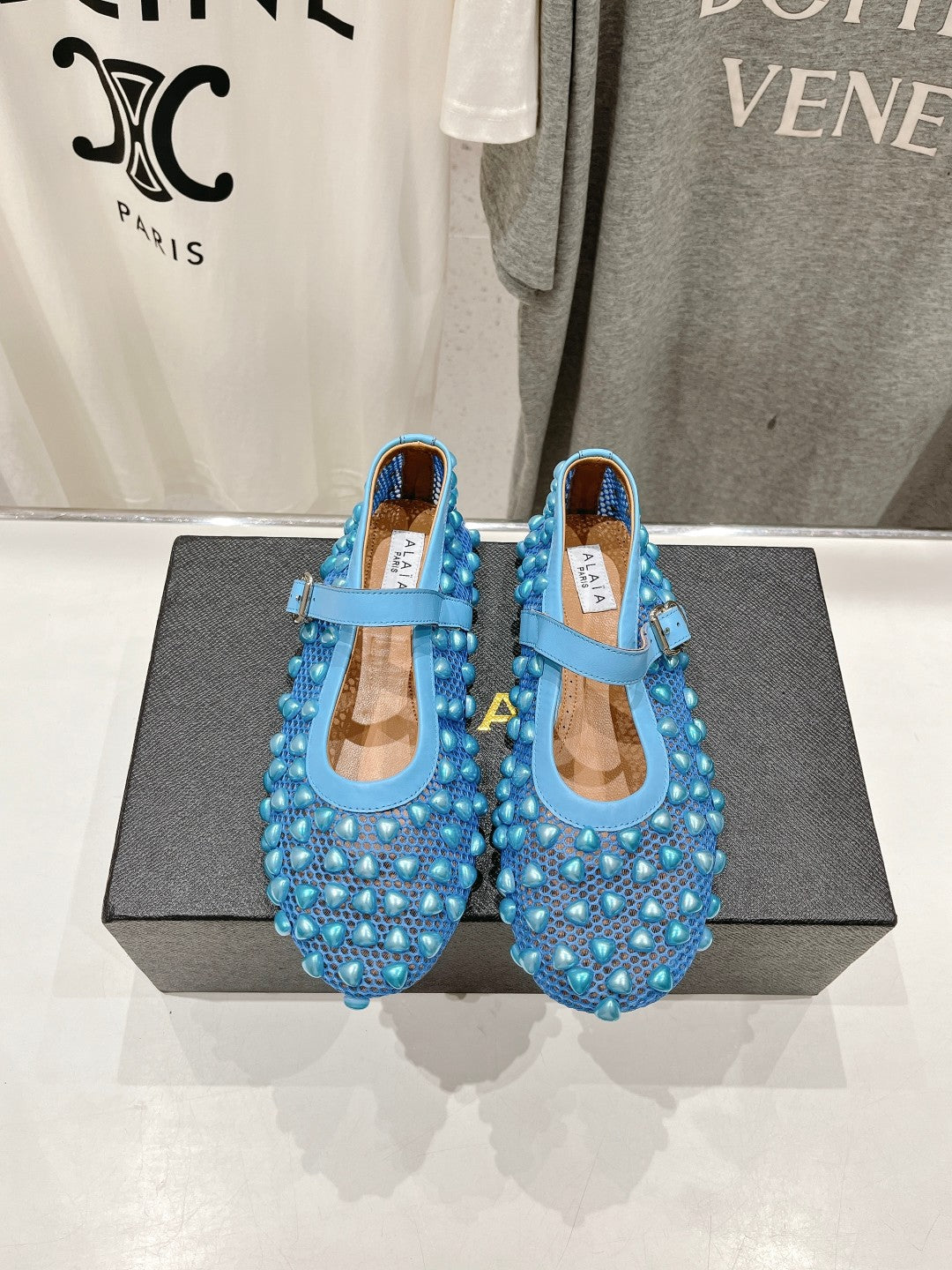 ALAIA PEARL MARY JANE SHOES IN CERULEAN BLUE MESH AND CALFSKIN - 35