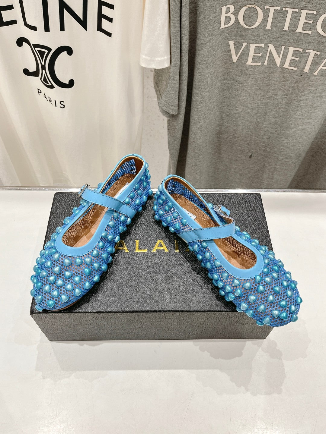 ALAIA PEARL MARY JANE SHOES IN CERULEAN BLUE MESH AND CALFSKIN - 35