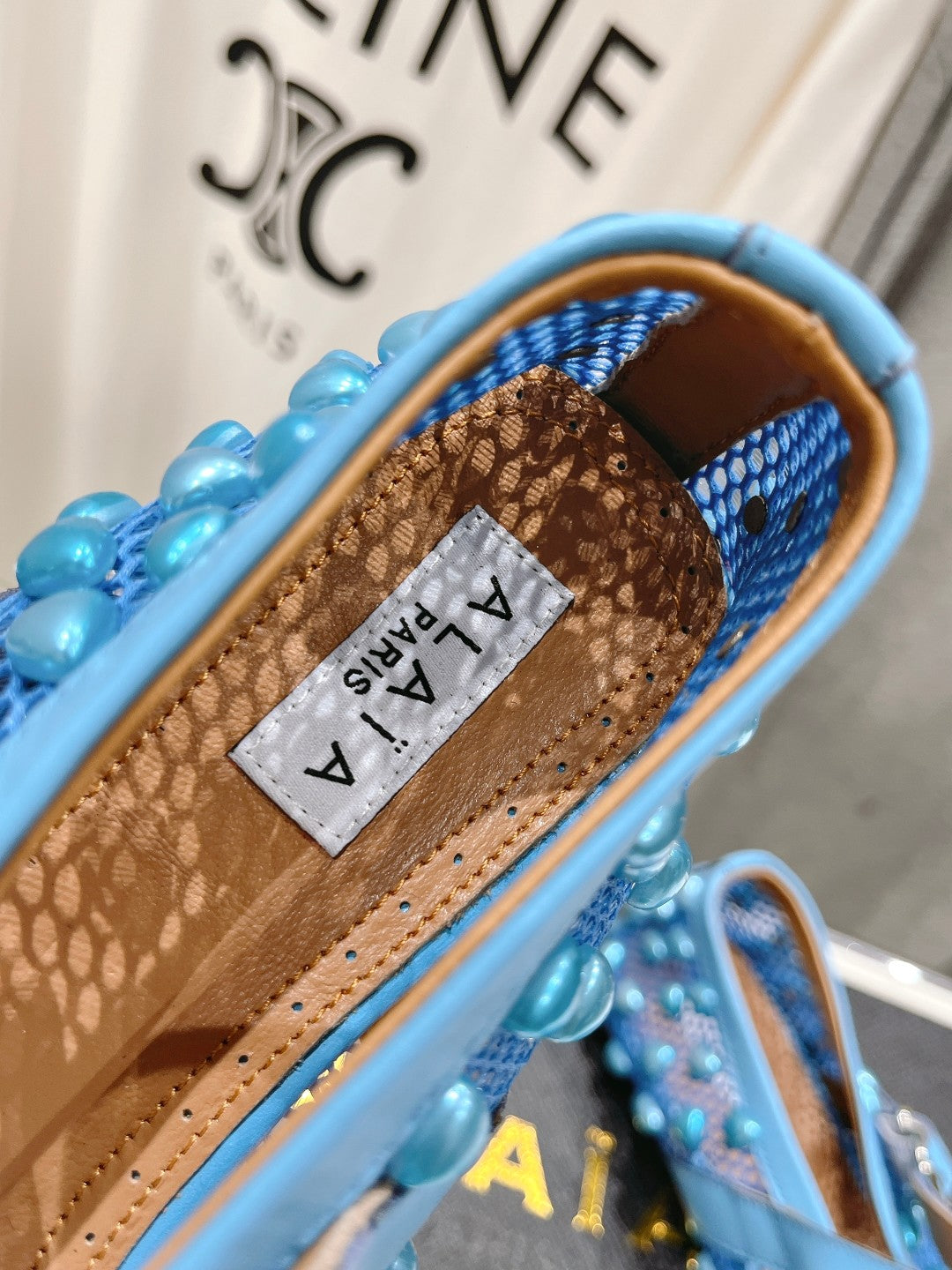 ALAIA PEARL MARY JANE SHOES IN CERULEAN BLUE MESH AND CALFSKIN - 35