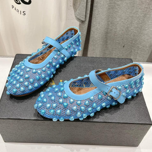 ALAIA PEARL MARY JANE SHOES IN CERULEAN BLUE MESH AND CALFSKIN - 35