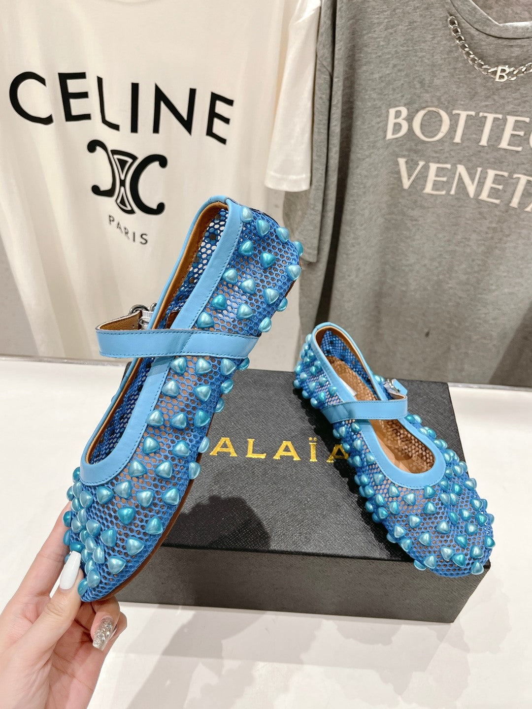 ALAIA PEARL MARY JANE SHOES IN CERULEAN BLUE MESH AND CALFSKIN - 35