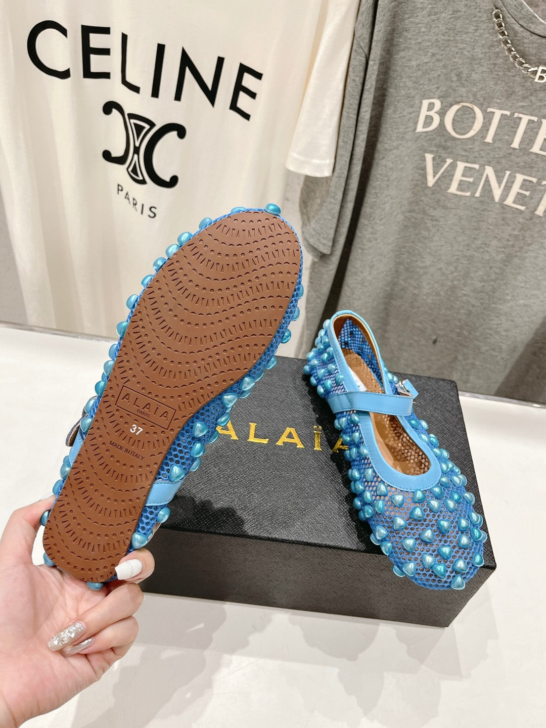 ALAIA PEARL MARY JANE SHOES IN CERULEAN BLUE MESH AND CALFSKIN - 35