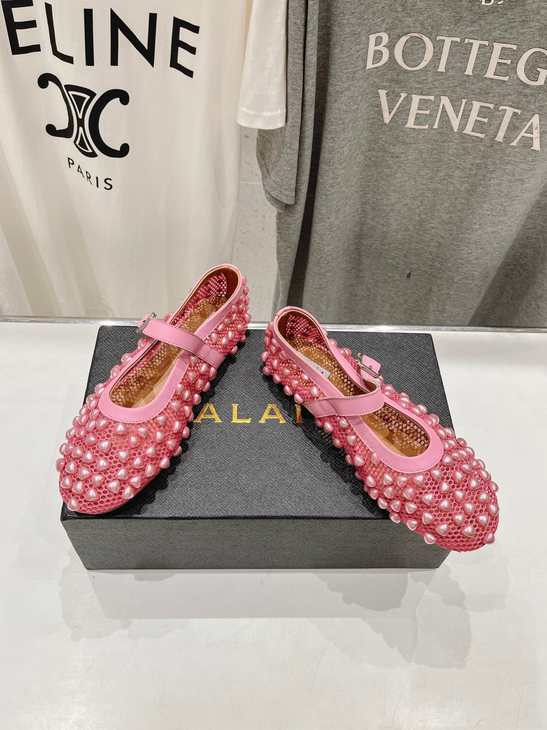 ALAIA PEARL MARY JANE SHOES IN DARK PINK MESH AND CALFSKIN - 35