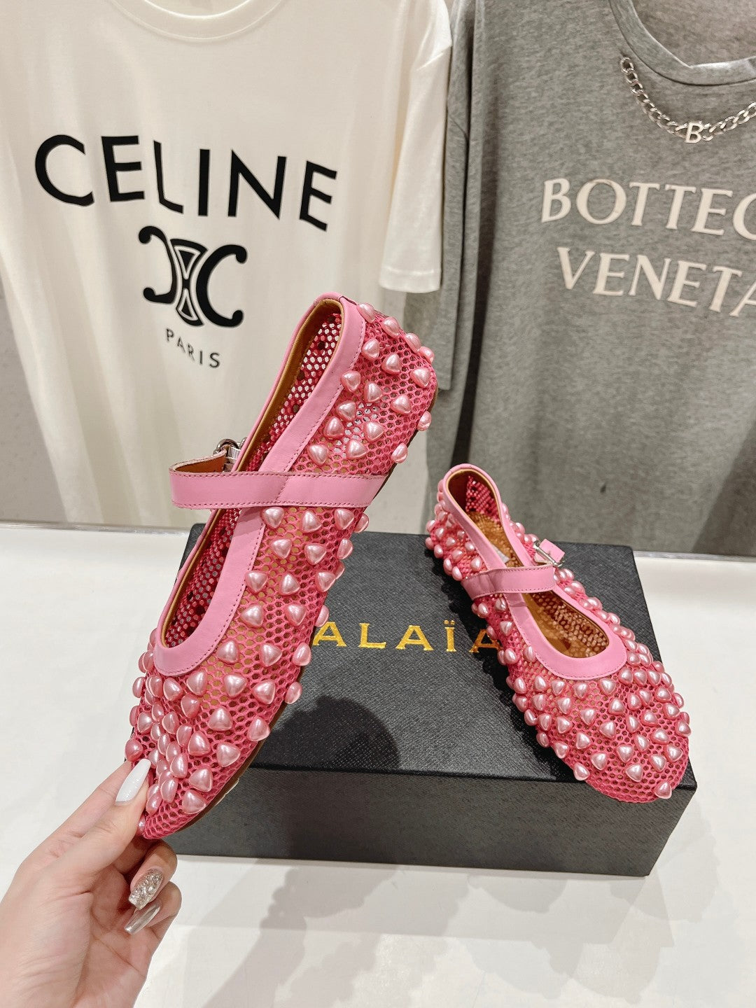 ALAIA PEARL MARY JANE SHOES IN DARK PINK MESH AND CALFSKIN - 35