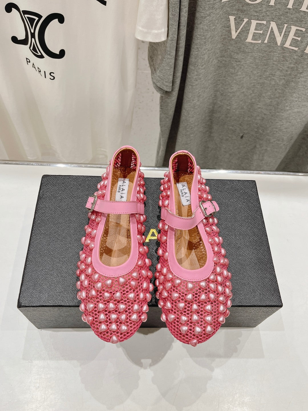 ALAIA PEARL MARY JANE SHOES IN DARK PINK MESH AND CALFSKIN - 35