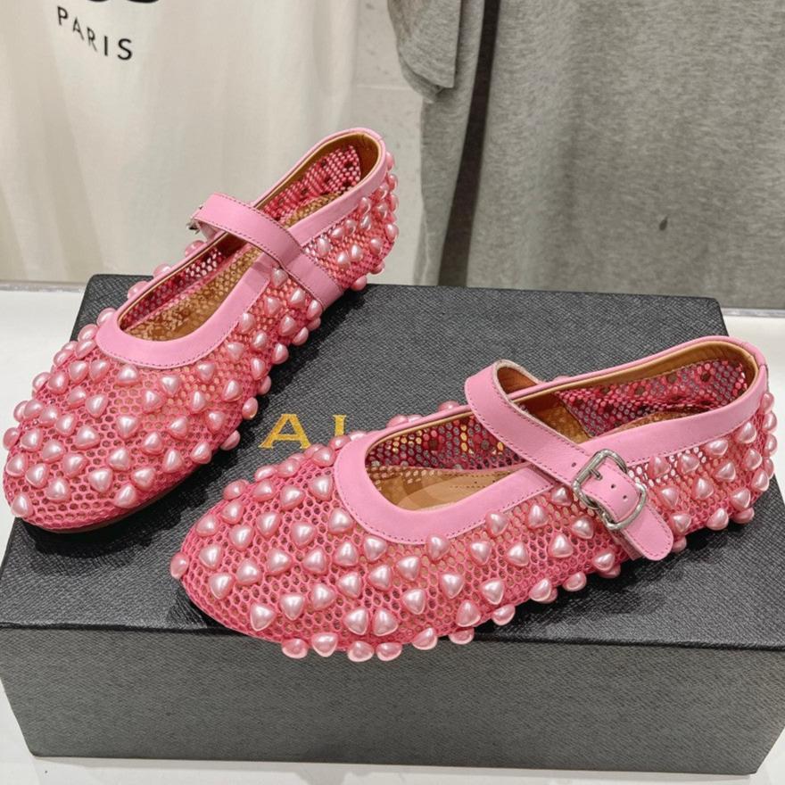 ALAIA PEARL MARY JANE SHOES IN DARK PINK MESH AND CALFSKIN - 35