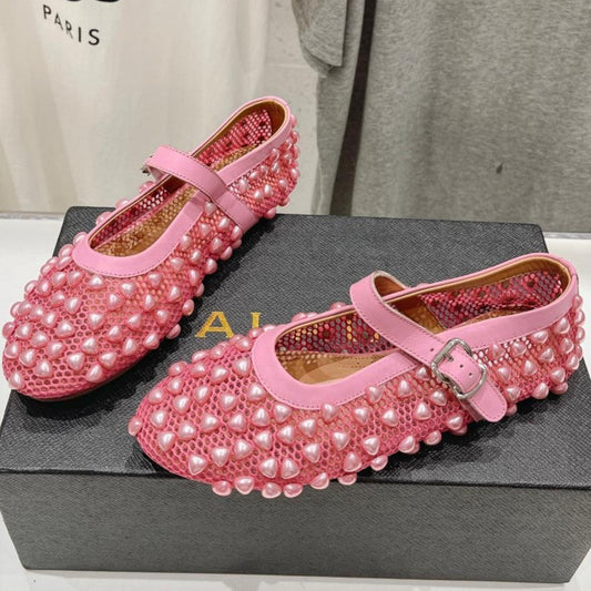 ALAIA PEARL MARY JANE SHOES IN DARK PINK MESH AND CALFSKIN - 35