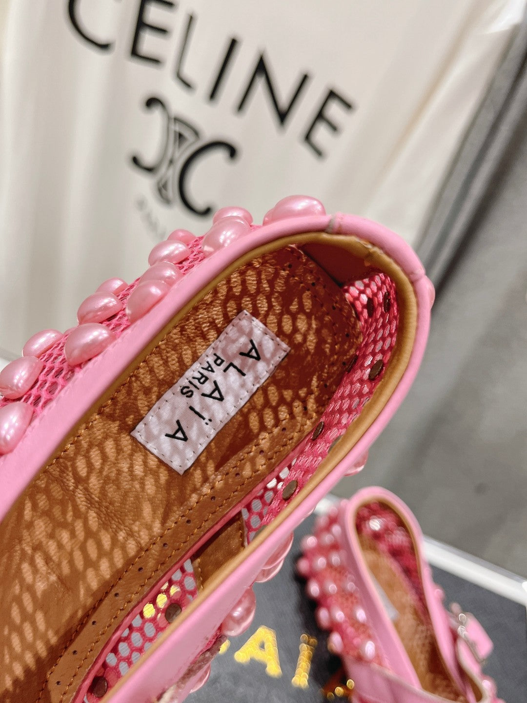 ALAIA PEARL MARY JANE SHOES IN DARK PINK MESH AND CALFSKIN - 35