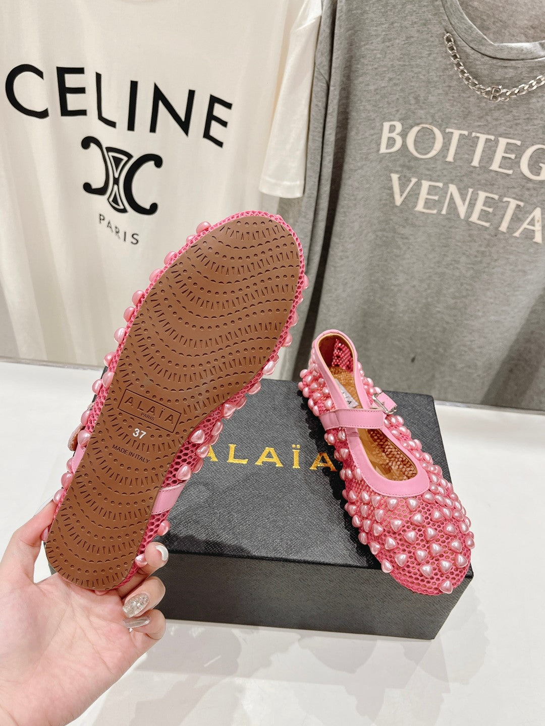 ALAIA PEARL MARY JANE SHOES IN DARK PINK MESH AND CALFSKIN - 35