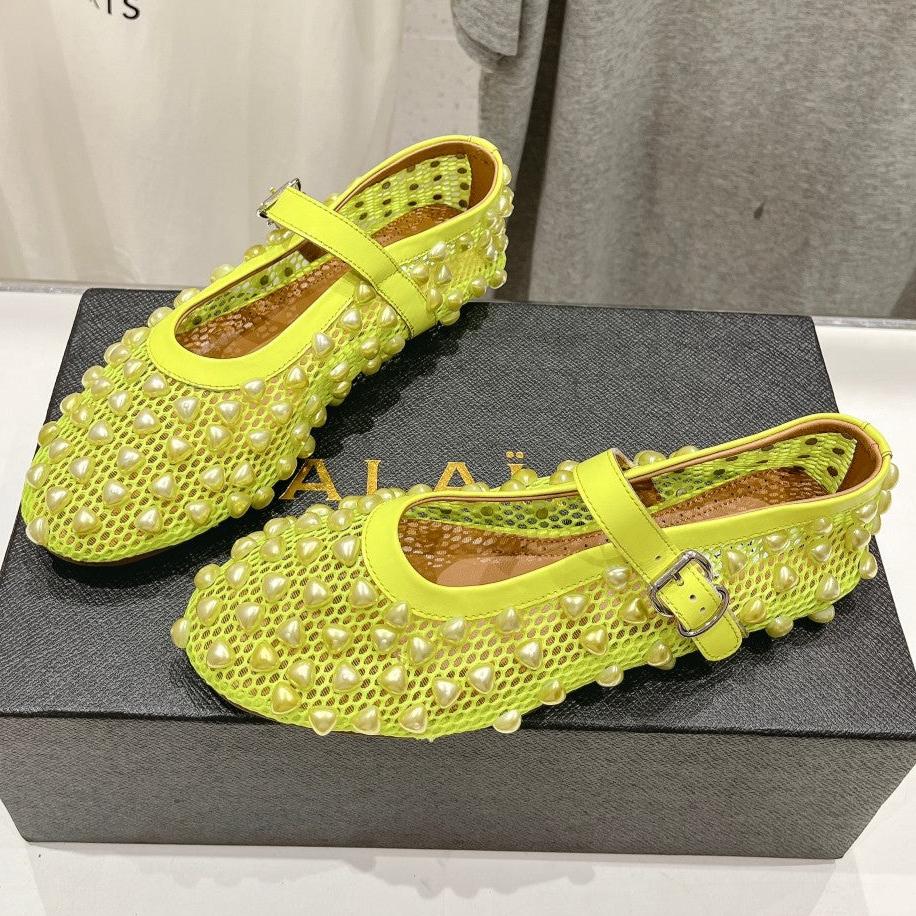 ALAIA PEARL MARY JANE SHOES IN NEON YELLOW MESH AND CALFSKIN - 35