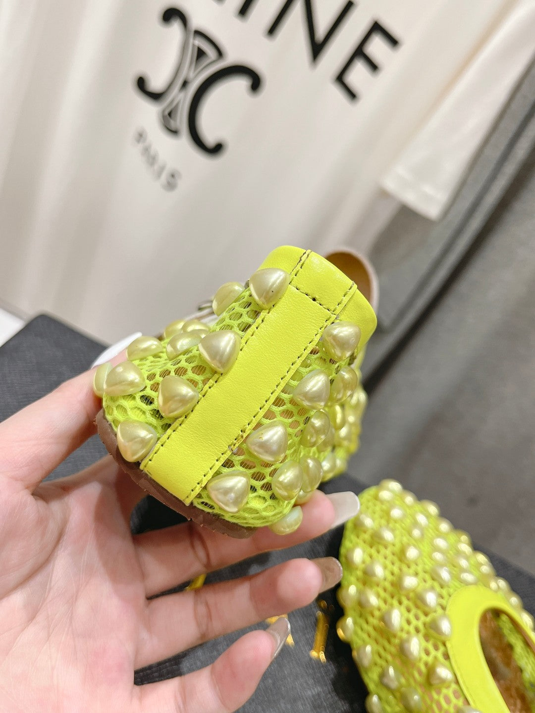 ALAIA PEARL MARY JANE SHOES IN NEON YELLOW MESH AND CALFSKIN - 35