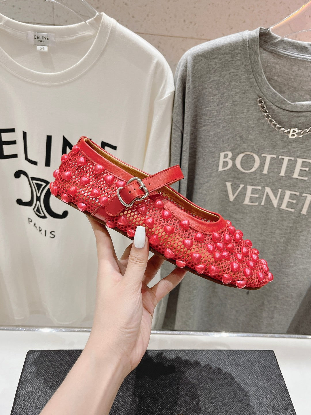 ALAIA PEARL MARY JANE SHOES IN CHERRY RED MESH AND CALFSKIN - 35