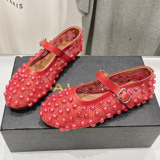 ALAIA PEARL MARY JANE SHOES IN CHERRY RED MESH AND CALFSKIN - 35