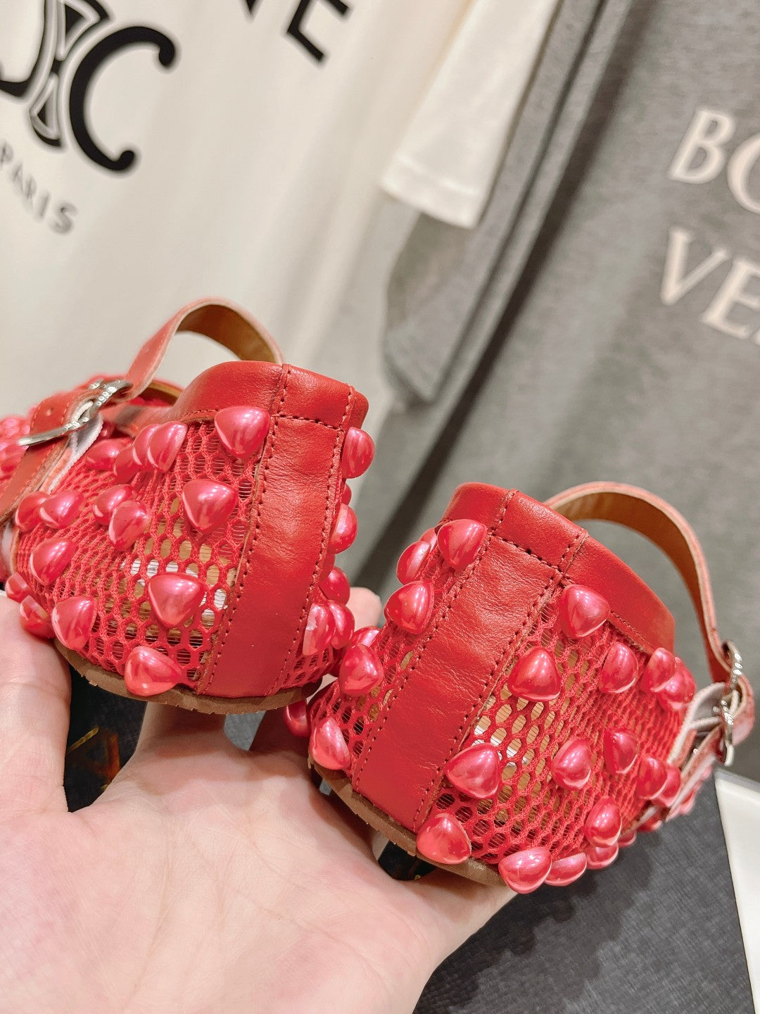 ALAIA PEARL MARY JANE SHOES IN CHERRY RED MESH AND CALFSKIN - 35