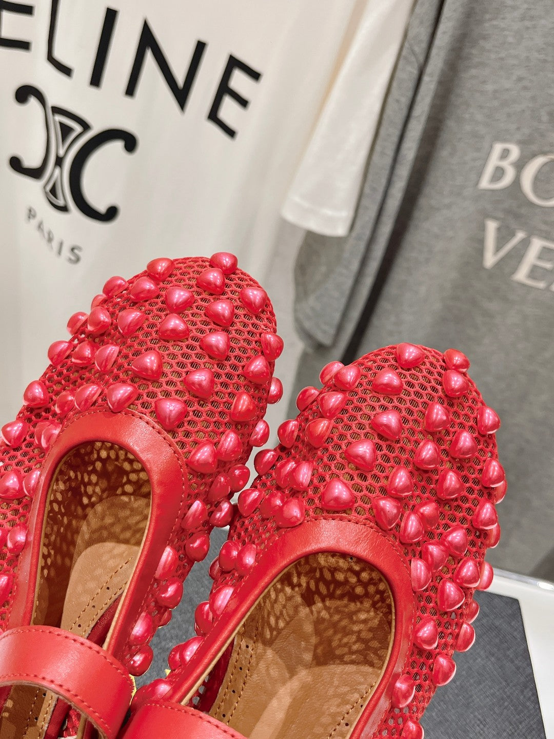 ALAIA PEARL MARY JANE SHOES IN CHERRY RED MESH AND CALFSKIN - 35