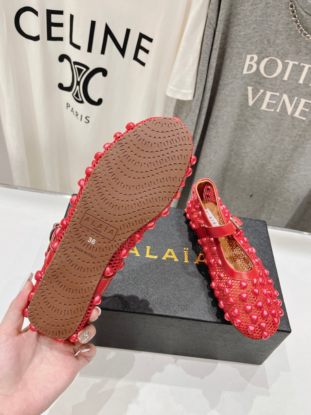 ALAIA PEARL MARY JANE SHOES IN CHERRY RED MESH AND CALFSKIN - 35