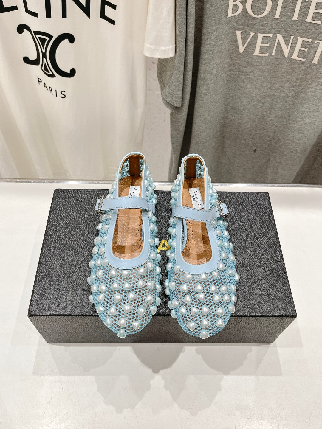 ALAIA PEARL MARY JANE SHOES IN LIGHT BLUE MESH AND CALFSKIN - 35