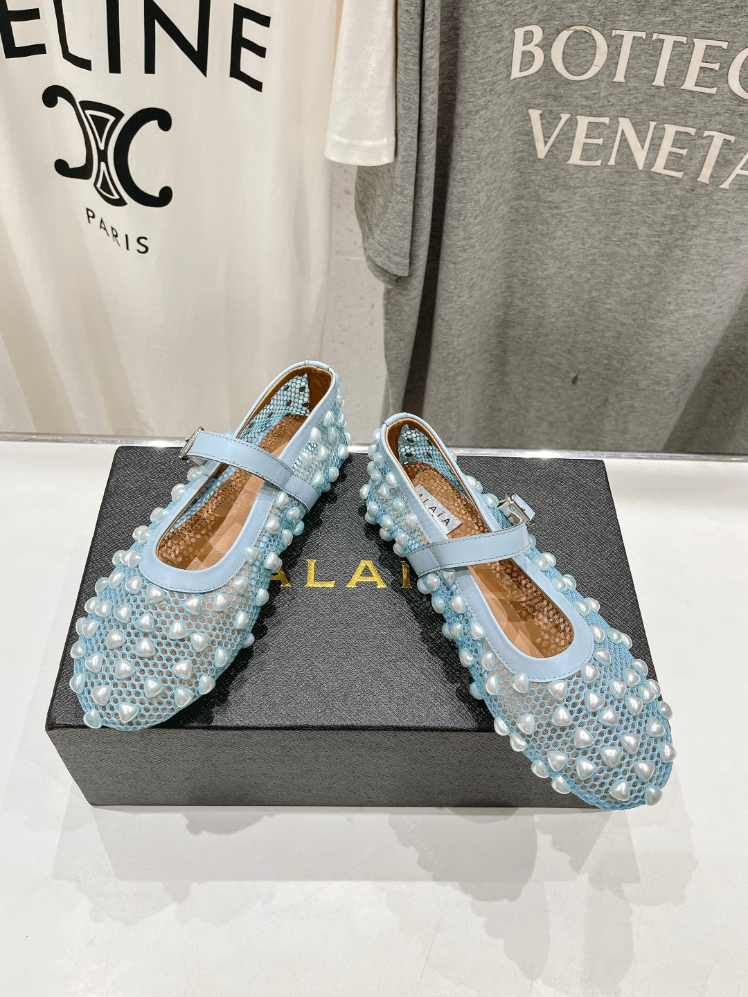 ALAIA PEARL MARY JANE SHOES IN LIGHT BLUE MESH AND CALFSKIN - 35