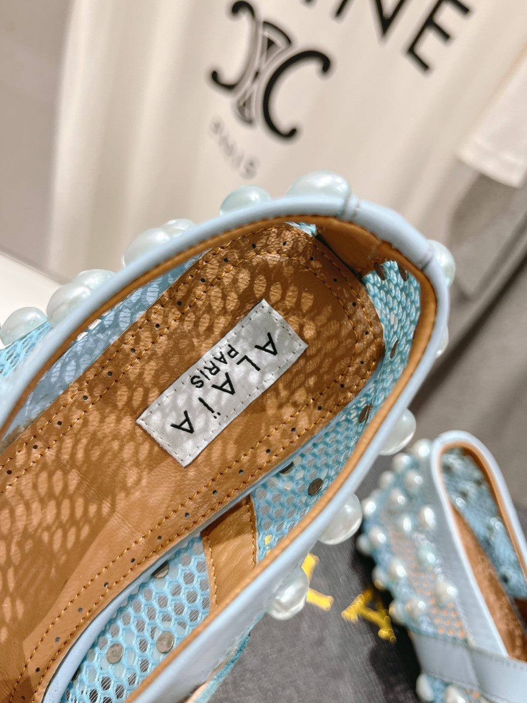ALAIA PEARL MARY JANE SHOES IN LIGHT BLUE MESH AND CALFSKIN - 35