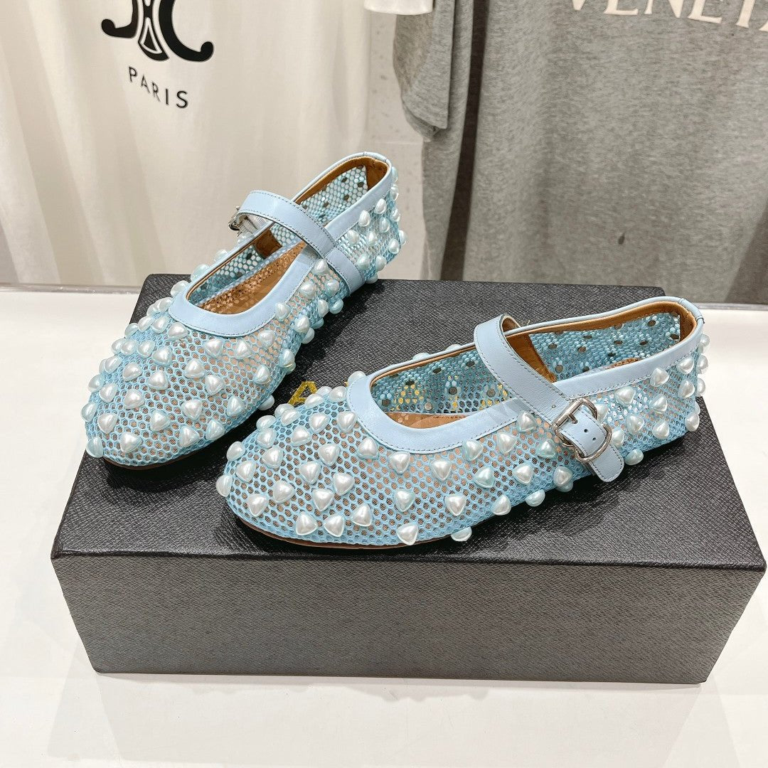 ALAIA PEARL MARY JANE SHOES IN LIGHT BLUE MESH AND CALFSKIN - 35