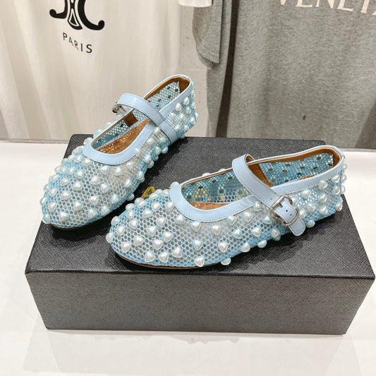 ALAIA PEARL MARY JANE SHOES IN LIGHT BLUE MESH AND CALFSKIN - 35