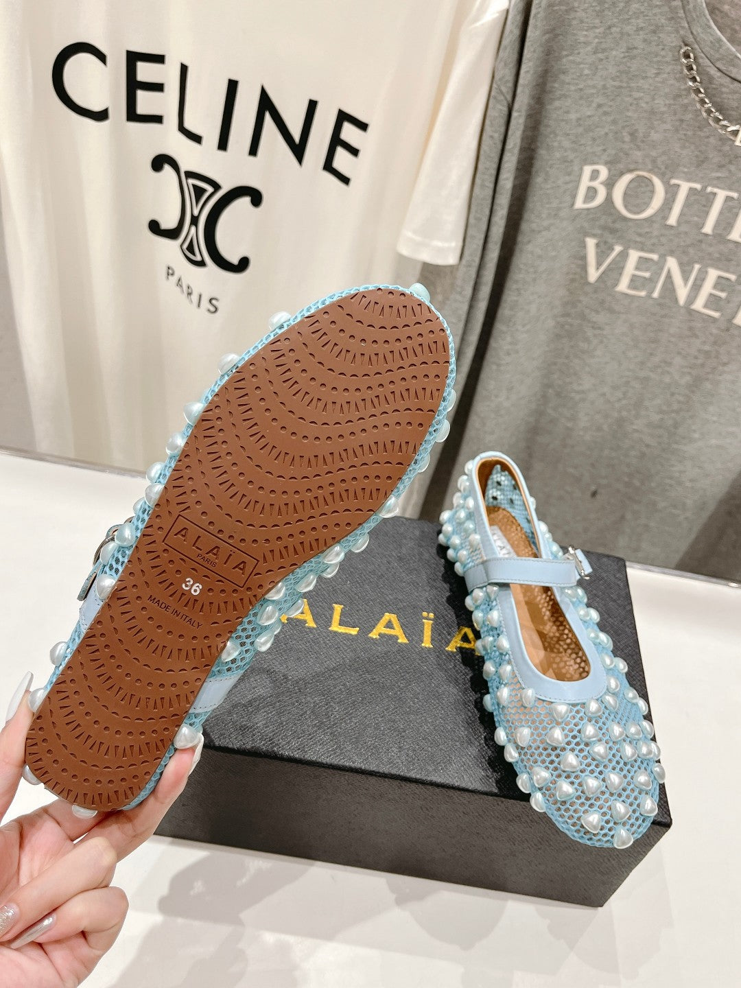 ALAIA PEARL MARY JANE SHOES IN LIGHT BLUE MESH AND CALFSKIN - 35