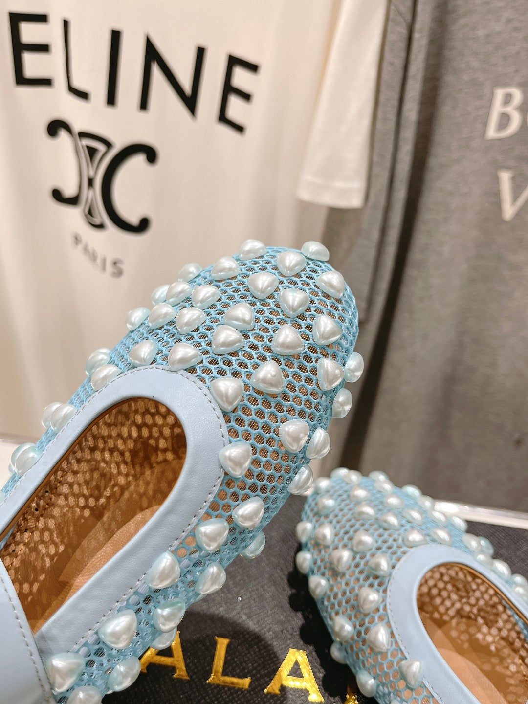 ALAIA PEARL MARY JANE SHOES IN LIGHT BLUE MESH AND CALFSKIN - 35