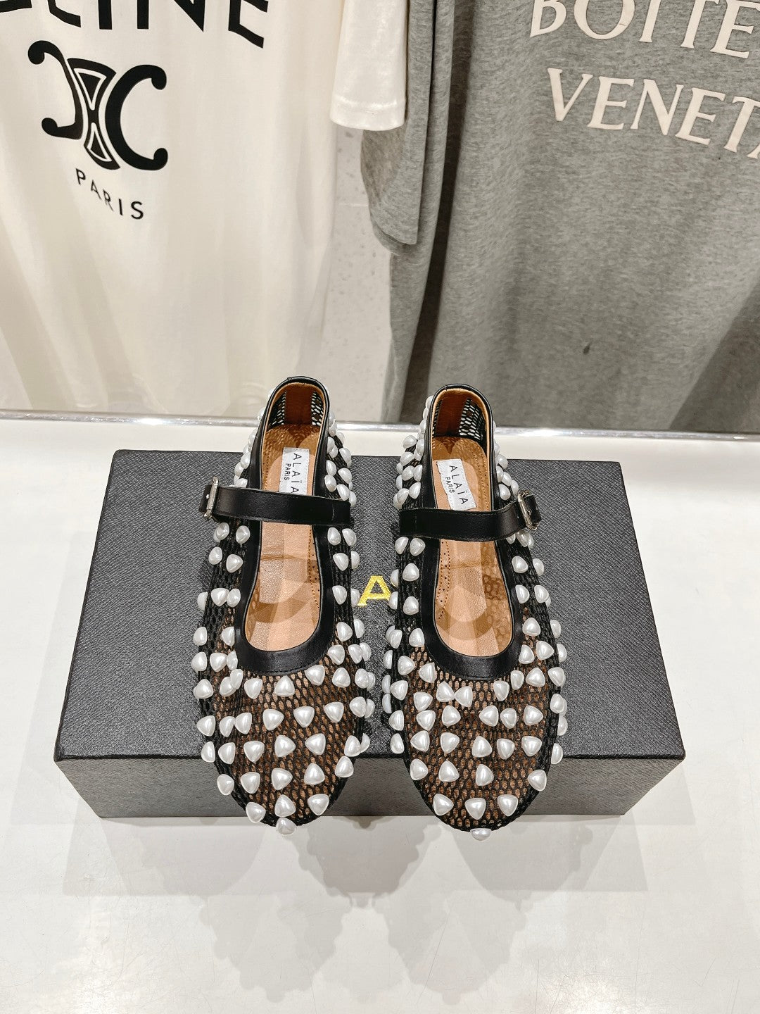 ALAIA PEARL MARY JANE SHOES IN BLACK MIX WHITE MESH AND CALFSKIN - 35