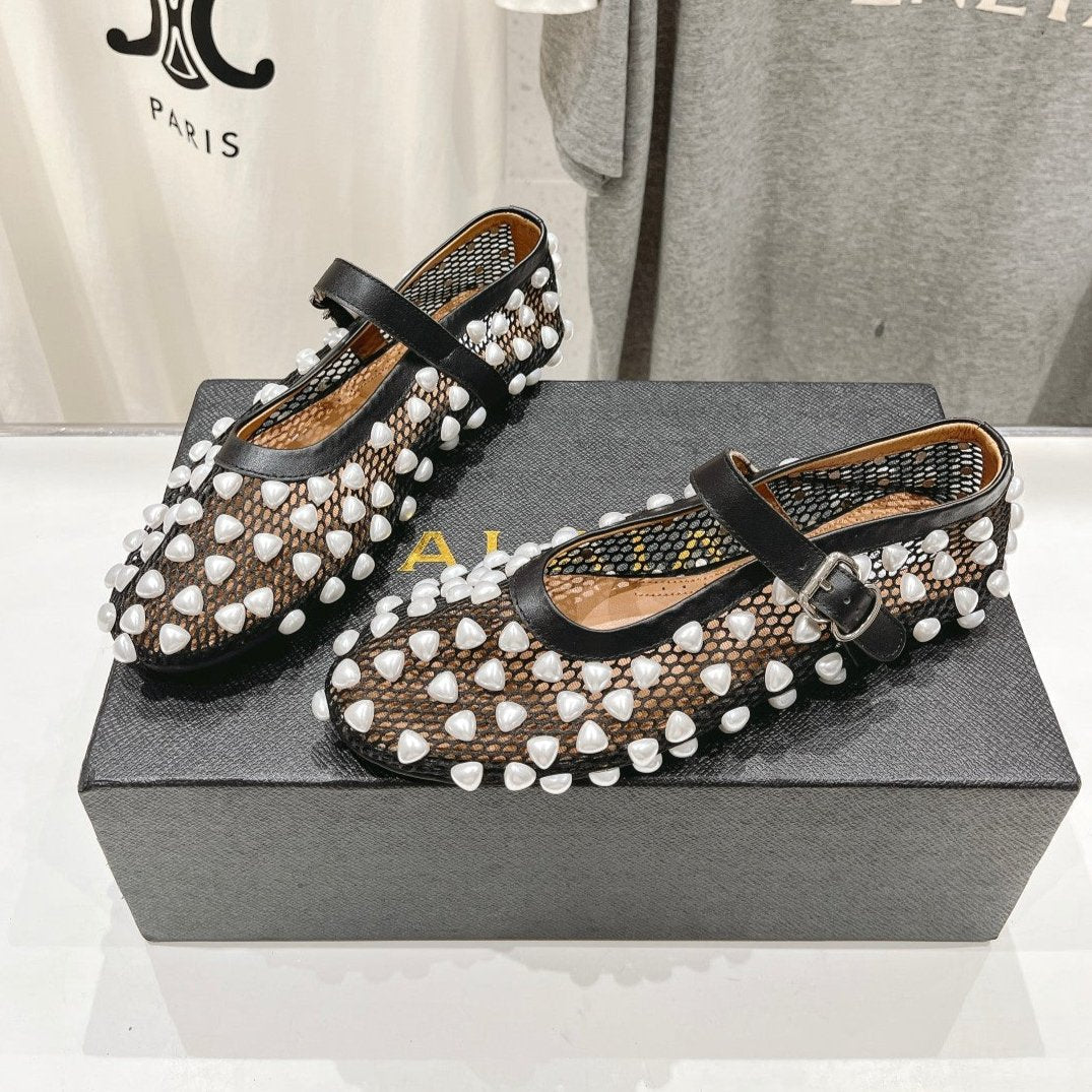 ALAIA PEARL MARY JANE SHOES IN BLACK MIX WHITE MESH AND CALFSKIN - 35