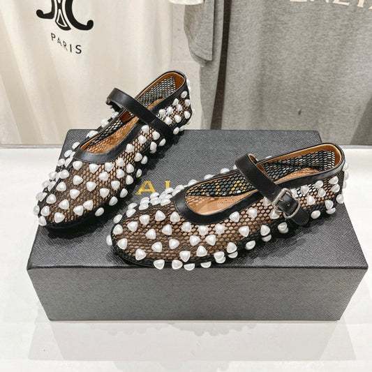 ALAIA PEARL MARY JANE SHOES IN BLACK MIX WHITE MESH AND CALFSKIN - 35