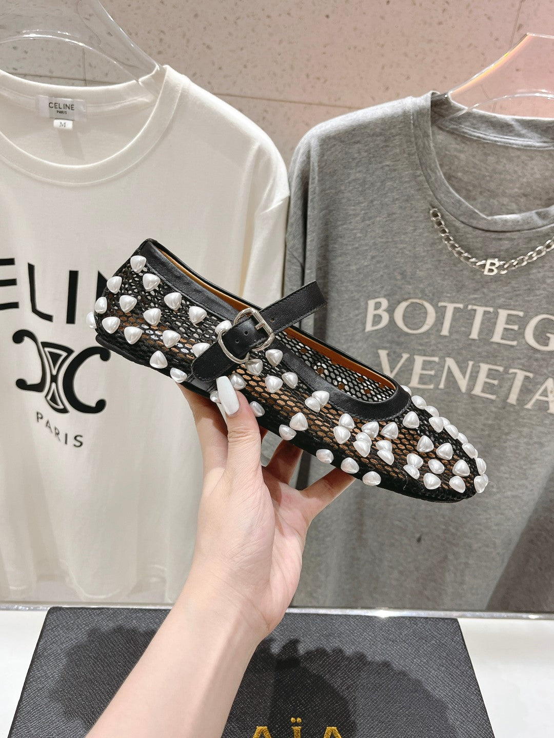 ALAIA PEARL MARY JANE SHOES IN BLACK MIX WHITE MESH AND CALFSKIN - 35