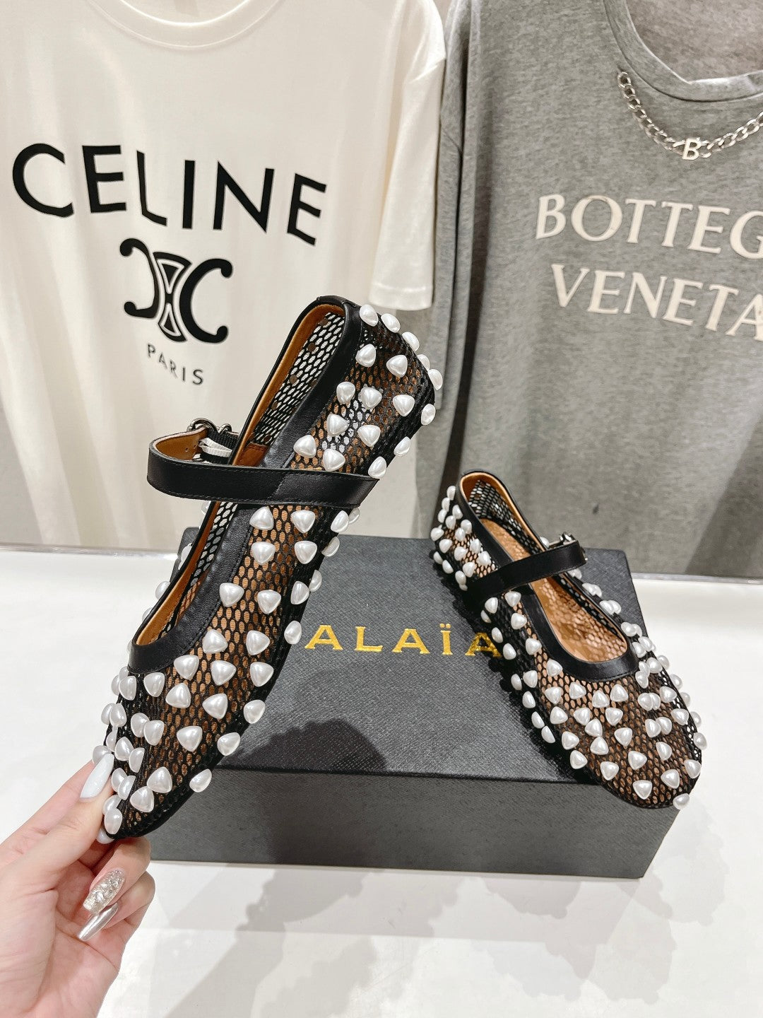 ALAIA PEARL MARY JANE SHOES IN BLACK MIX WHITE MESH AND CALFSKIN - 35