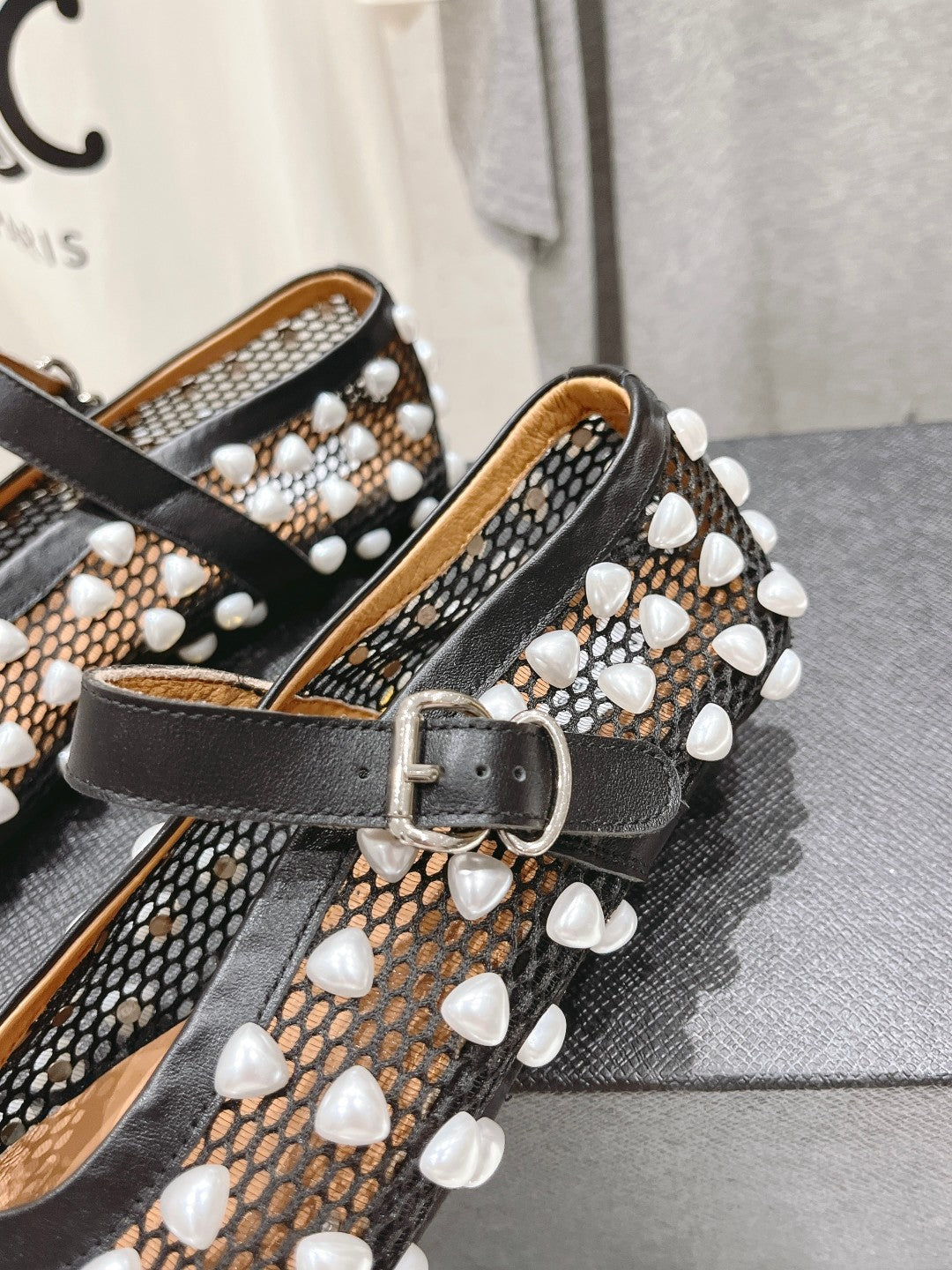ALAIA PEARL MARY JANE SHOES IN BLACK MIX WHITE MESH AND CALFSKIN - 35