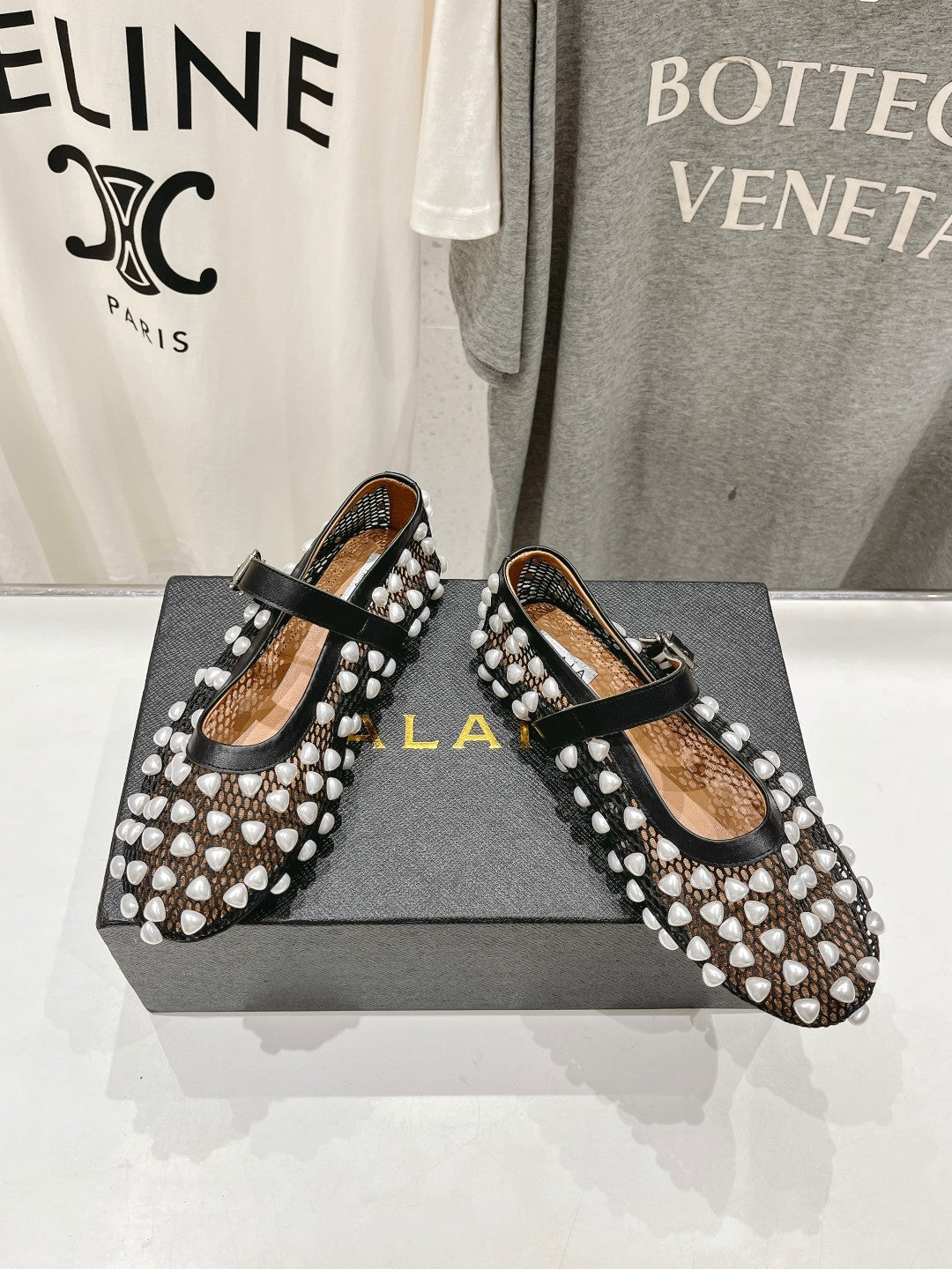 ALAIA PEARL MARY JANE SHOES IN BLACK MIX WHITE MESH AND CALFSKIN - 35