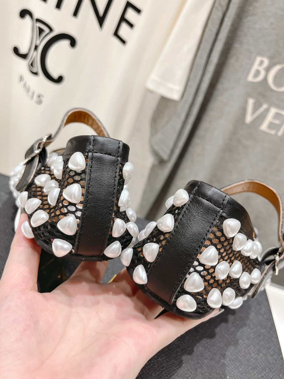 ALAIA PEARL MARY JANE SHOES IN BLACK MIX WHITE MESH AND CALFSKIN - 35