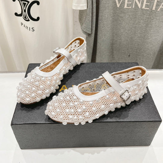 ALAIA PEARL MARY JANE SHOES IN WHITE MESH AND CALFSKIN - 35