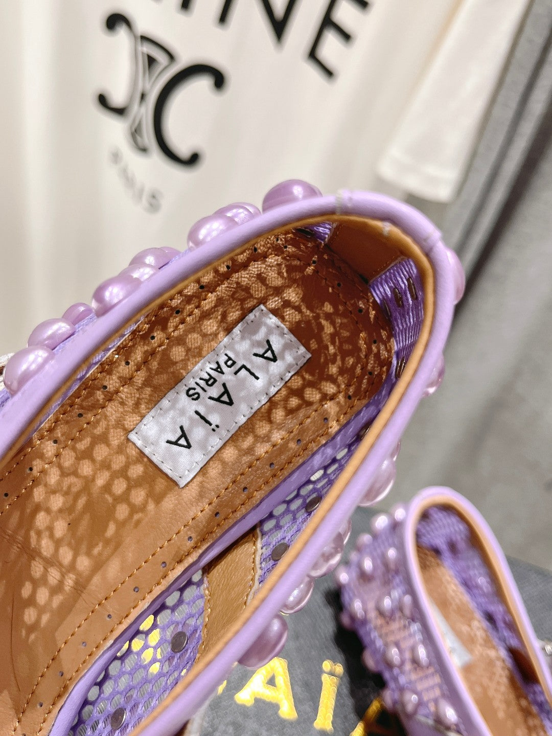 ALAIA PEARL MARY JANE SHOES IN LAVENDER PURPLE MESH AND CALFSKIN - 35
