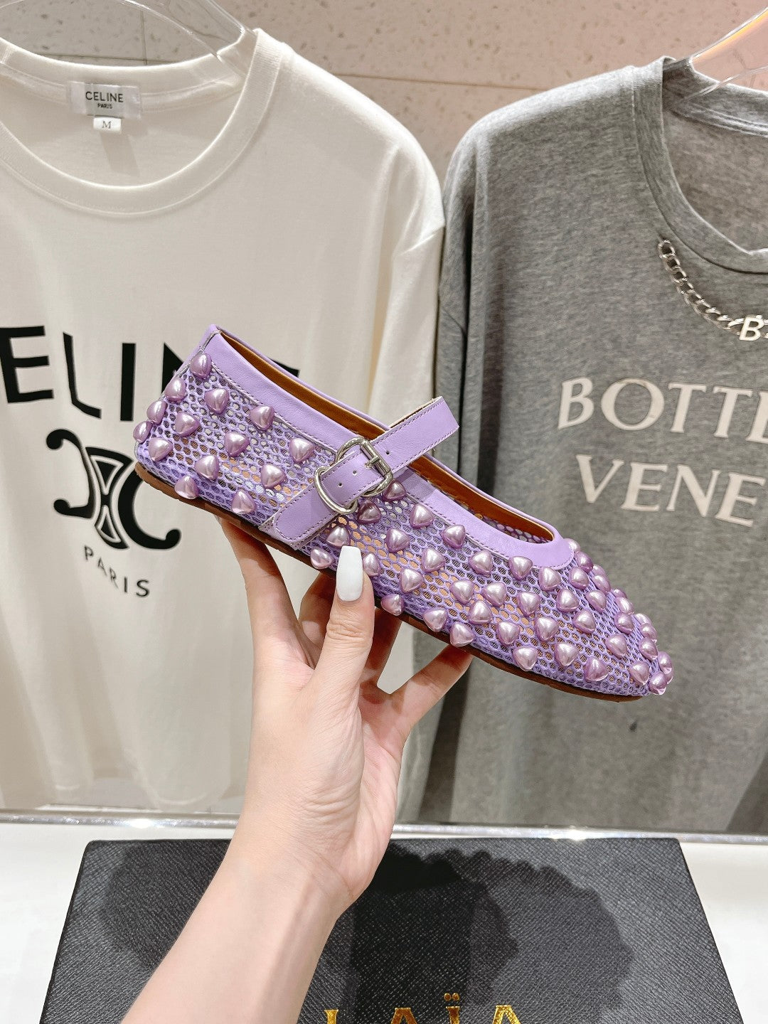 ALAIA PEARL MARY JANE SHOES IN LAVENDER PURPLE MESH AND CALFSKIN - 35