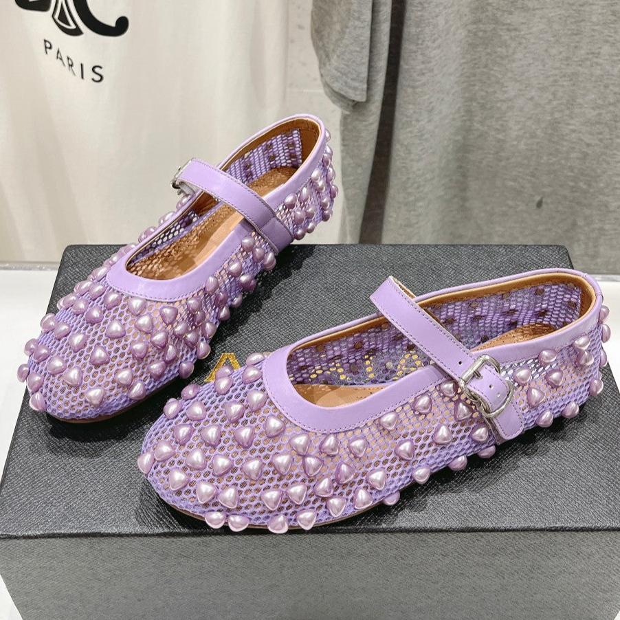 ALAIA PEARL MARY JANE SHOES IN LAVENDER PURPLE MESH AND CALFSKIN - 35