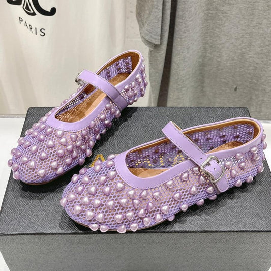 ALAIA PEARL MARY JANE SHOES IN LAVENDER PURPLE MESH AND CALFSKIN - 35