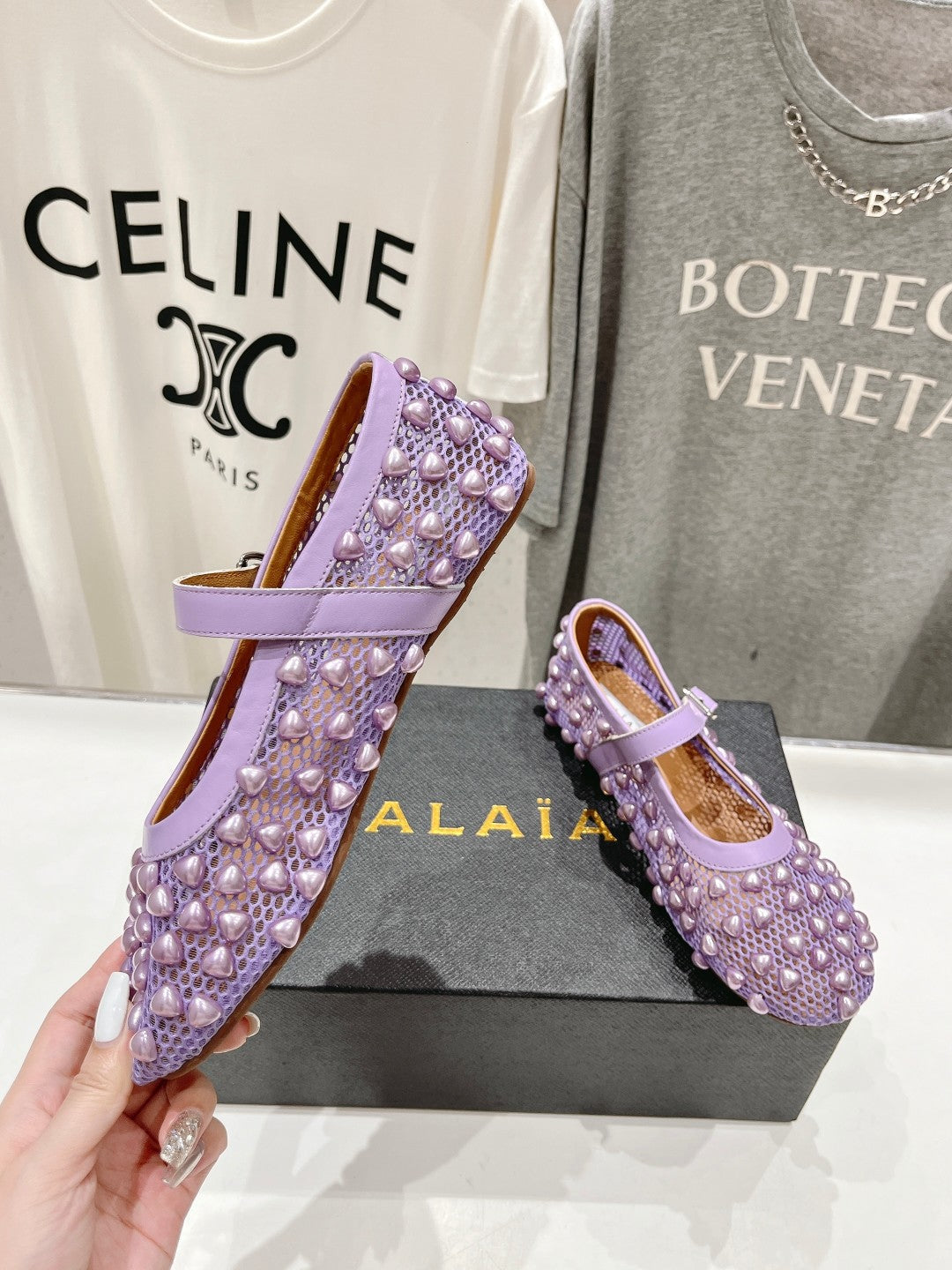 ALAIA PEARL MARY JANE SHOES IN LAVENDER PURPLE MESH AND CALFSKIN - 35