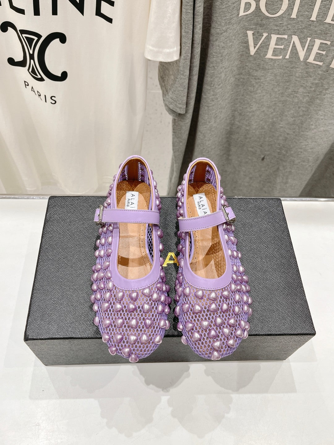 ALAIA PEARL MARY JANE SHOES IN LAVENDER PURPLE MESH AND CALFSKIN - 35