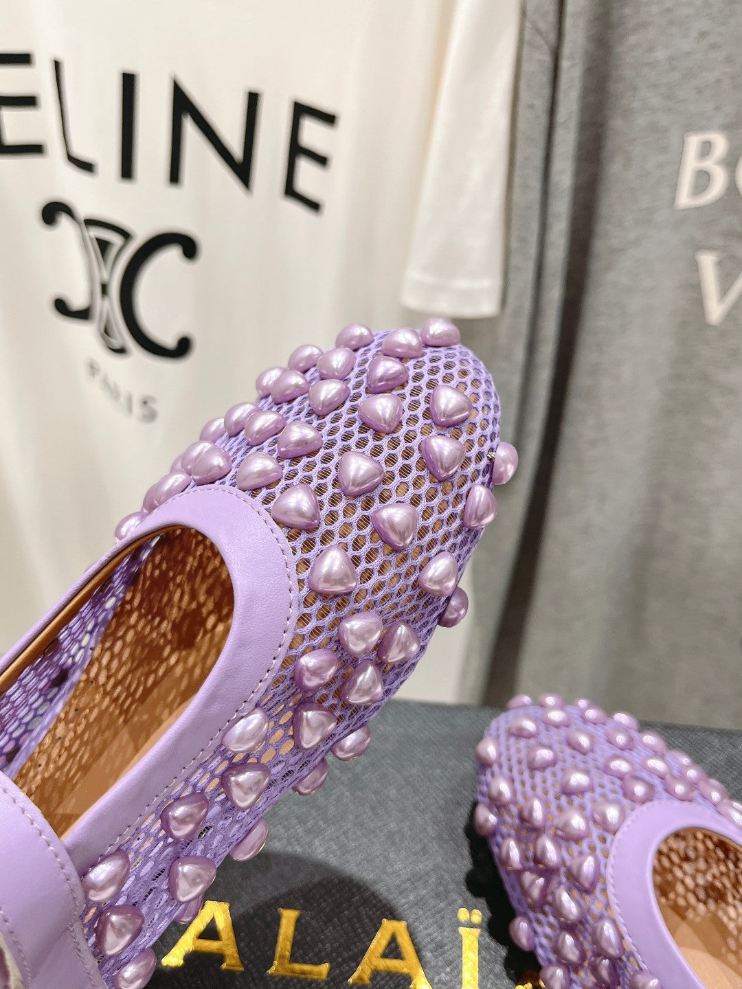 ALAIA PEARL MARY JANE SHOES IN LAVENDER PURPLE MESH AND CALFSKIN - 35