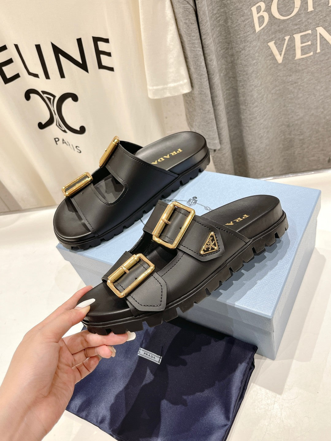 PRA STRAP SLIDES SANDALS BLACK CALFSKIN - 35
