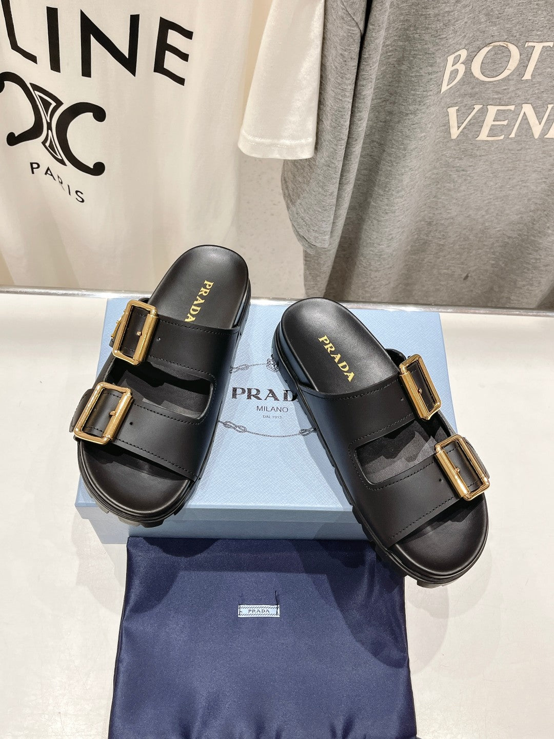 PRA STRAP SLIDES SANDALS BLACK CALFSKIN - 35