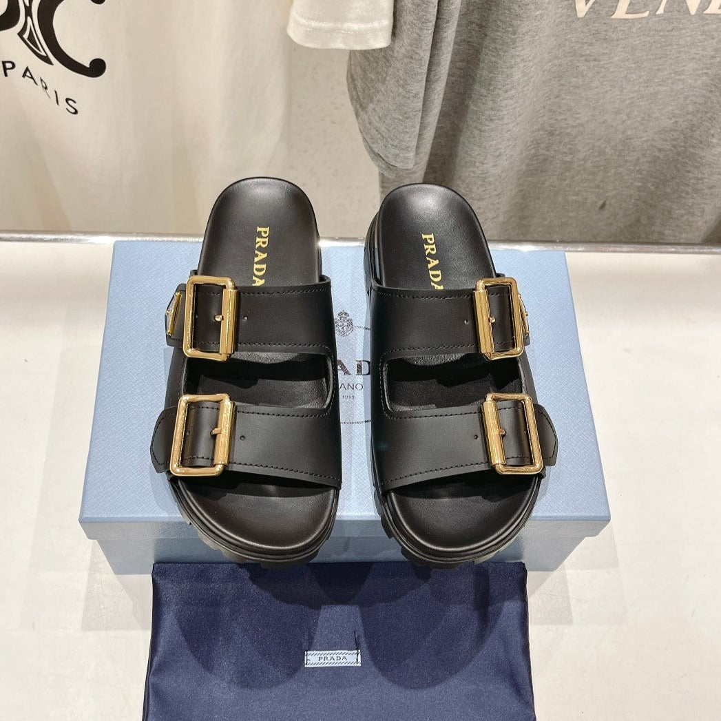 PRA STRAP SLIDES SANDALS BLACK CALFSKIN - 35